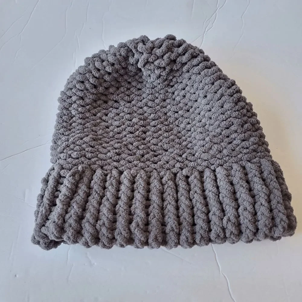 Hand made gray crochet cable knit beanie hat one size